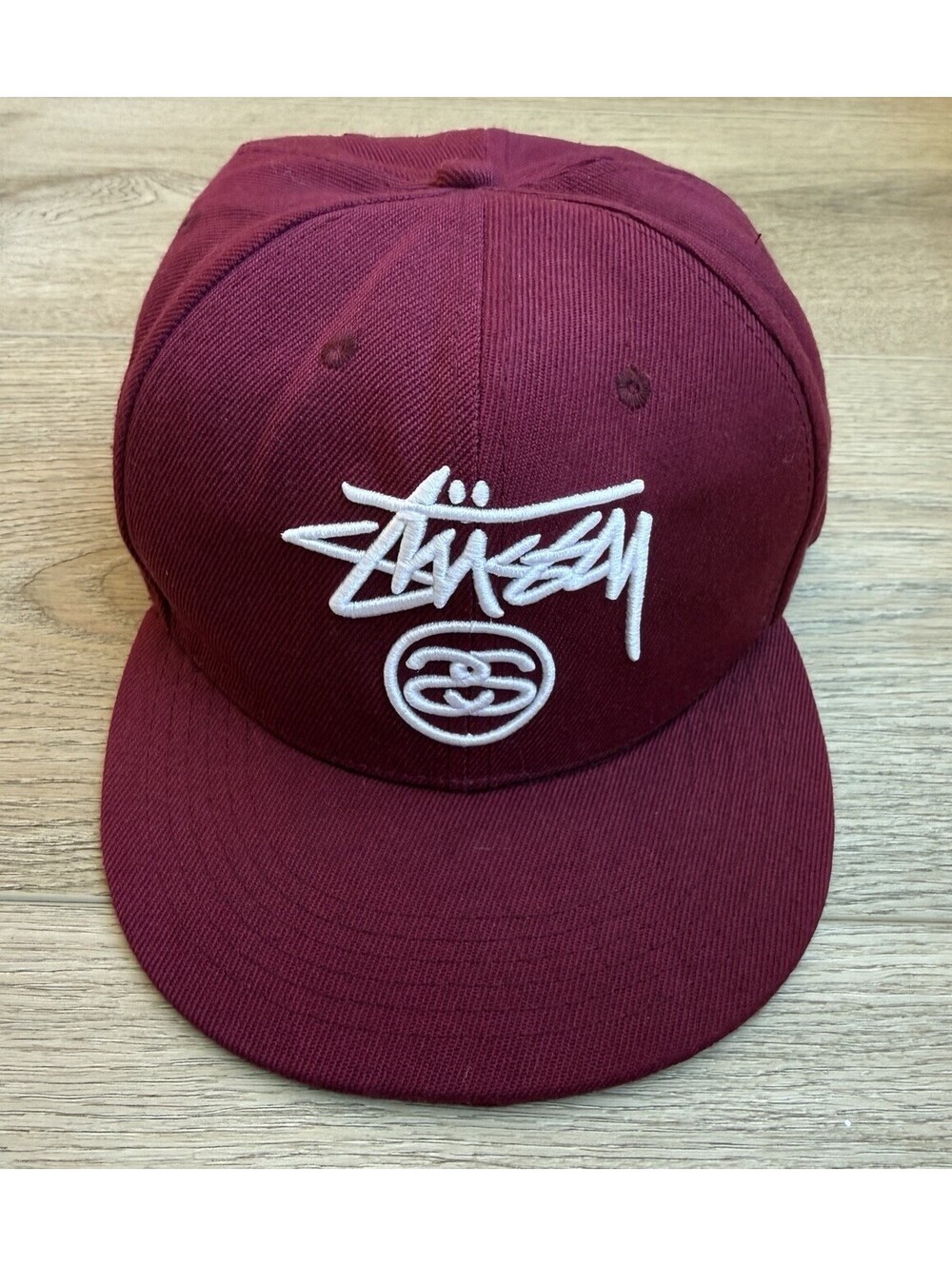 Stussy Stock Logo SS Link Snapback Hat Burgundy Red White Embroidered Streetwear